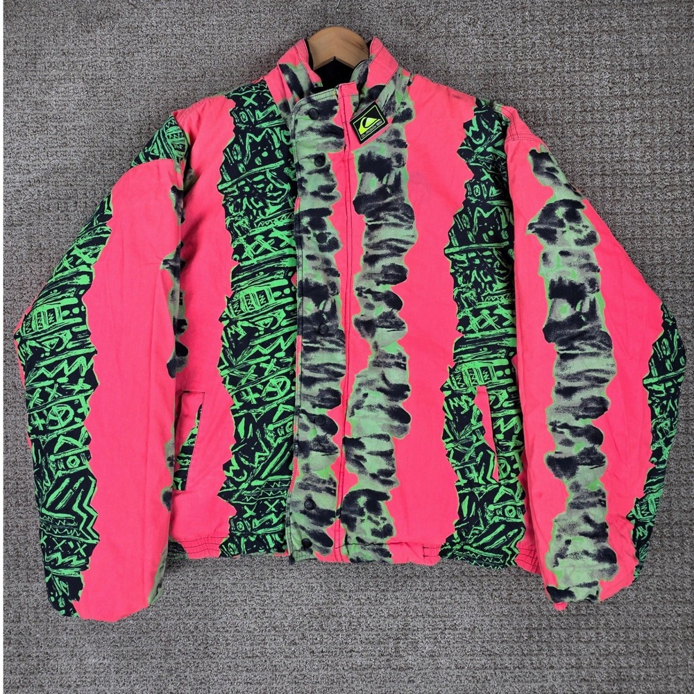Vintage Quiksilver Mens Neon Pink Green Abstract Print Full Zip Jacket XL Puffer